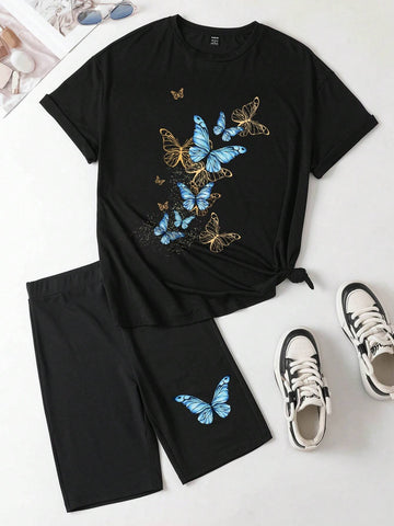 Butterfly Pattern Casual Loose Fit Round Neck Short Sleeve Women's T-Shirt And Cycling Shorts, Perfect For Summer