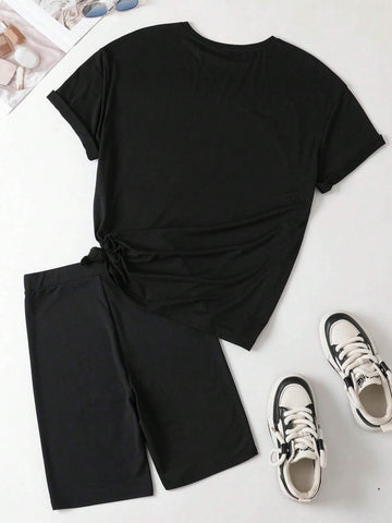 Butterfly Pattern Casual Loose Fit Round Neck Short Sleeve Women's T-Shirt And Cycling Shorts, Perfect For Summer