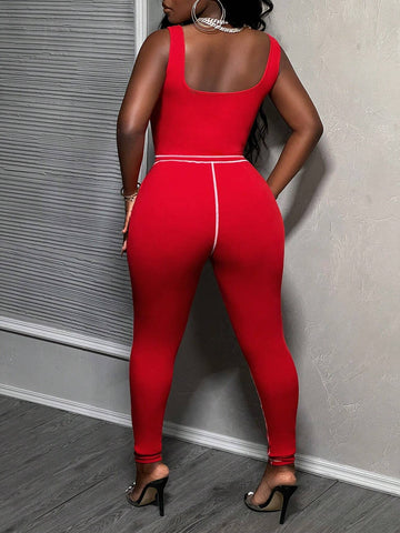 Casual And Sexy Red Sleeveless Top And Long Pants Women 2-Piece Set