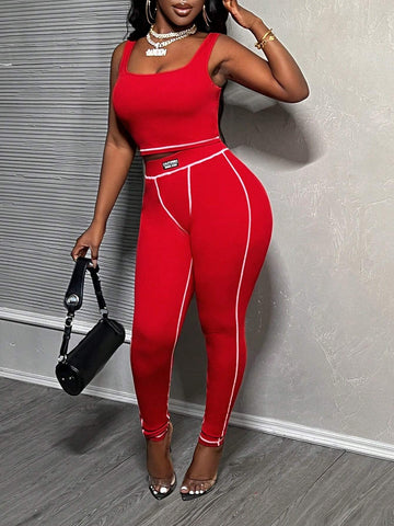 Casual And Sexy Red Sleeveless Top And Long Pants Women 2-Piece Set