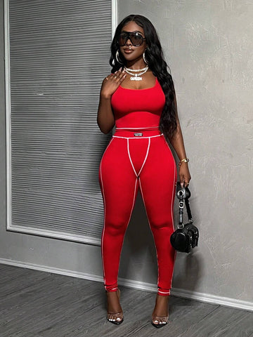 Casual And Sexy Red Sleeveless Top And Long Pants Women 2-Piece Set