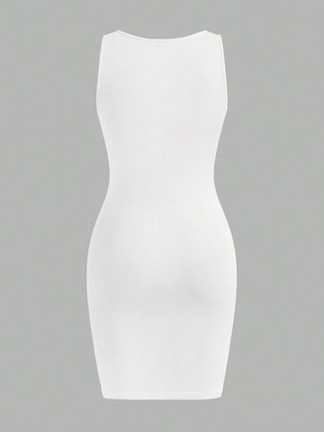 Casual And Simple Ladies' Sleeveless Bodycon Dress With Bold Letter Print And Chunky Straps