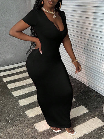 Casual Basic Elegant Solid Color Notch Neck Slim Fit Floor-Length Dress For Spring And Summer