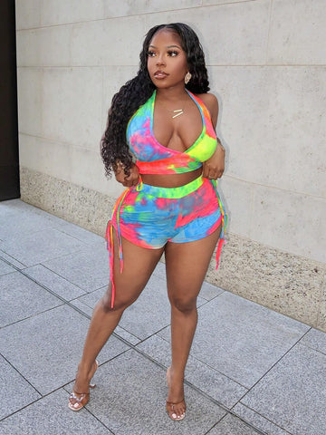 Casual Basic Home Wear Set Of V-Neck Spaghetti Strap Top With Drawstring Side And Bodycon Super Short Shorts In Tie-Dye Colorful Knitted Fabric For Women, Summer