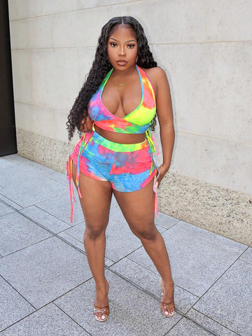 Casual Basic Home Wear Set Of V-Neck Spaghetti Strap Top With Drawstring Side And Bodycon Super Short Shorts In Tie-Dye Colorful Knitted Fabric For Women, Summer