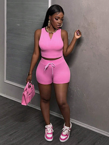 Casual Basic Sports Set For Women, Featuring A Round Neck/Zipped/V-Neck Crop Top, High Elastic Waist Drawstring Shorts In Pink Rib Knit Stretchy Fabric, Sleeveless