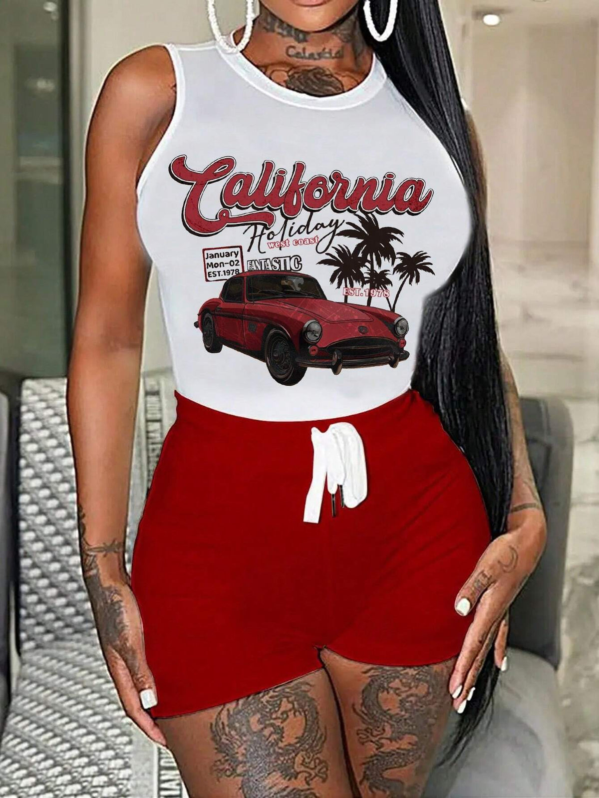 Casual Car Print Sleeveless Tight Vest And Strap Tight Shorts Set -E