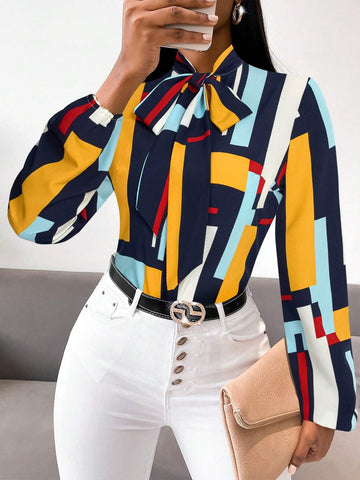 Slayr Casual Everyday Contrast Color Knotted Collar Long Sleeve Blouse, Commuting
