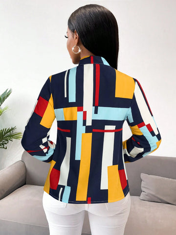 Slayr Casual Everyday Contrast Color Knotted Collar Long Sleeve Blouse, Commuting