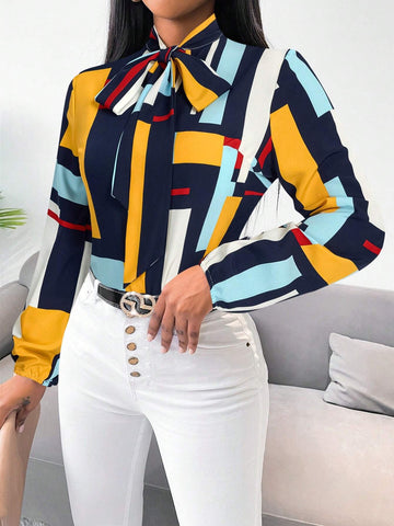 Slayr Casual Everyday Contrast Color Knotted Collar Long Sleeve Blouse, Commuting