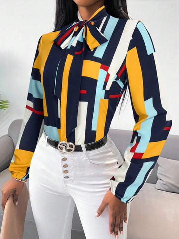 Slayr Casual Everyday Contrast Color Knotted Collar Long Sleeve Blouse, Commuting