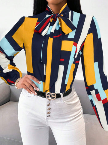 Slayr Casual Everyday Contrast Color Knotted Collar Long Sleeve Blouse, Commuting