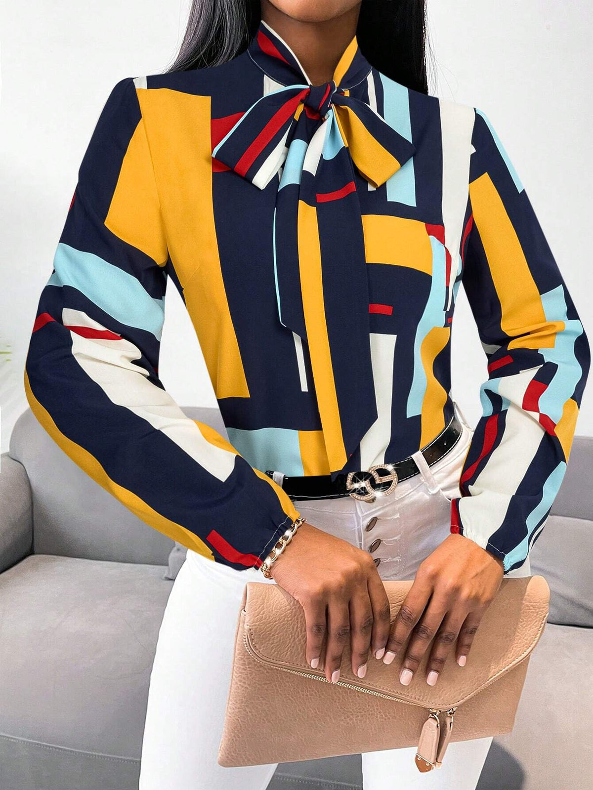 Slayr Casual Everyday Contrast Color Knotted Collar Long Sleeve Blouse, Commuting