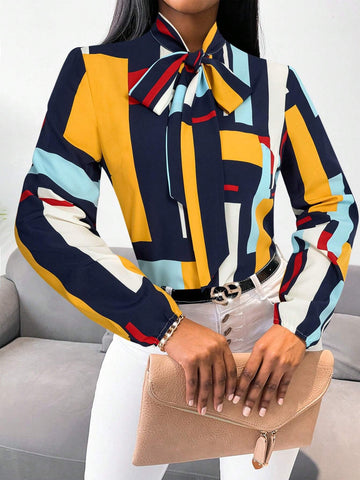 Slayr Casual Everyday Contrast Color Knotted Collar Long Sleeve Blouse, Commuting
