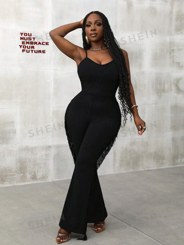 Casual Fringe Side Tight Jumpsuit With Cami Straps For Music Festivals