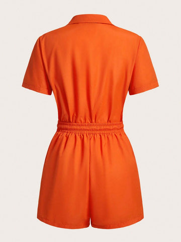 Casual Front Zipper Elastic Waist Orange Fitted Women's Romper-C