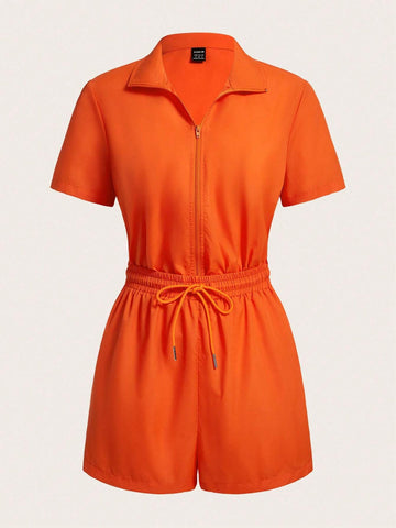Casual Front Zipper Elastic Waist Orange Fitted Women's Romper-C