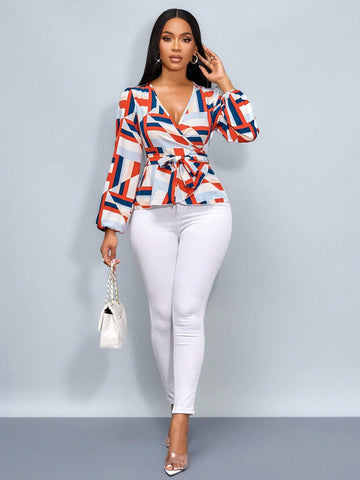 Slayr Casual Geometric Print Lantern Sleeve Stabilized Long Sleeve Shirt (Random Print), Autumn
