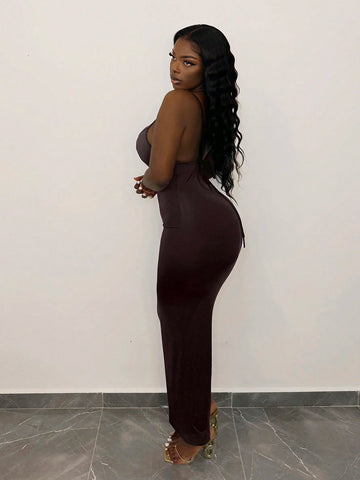 Casual Hollow-Out Back Spaghetti Strap Bodycon Dress - B