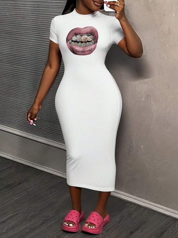 Casual Lip Print Short Sleeve Round Neck Bodycon Midi Dress, Summer
