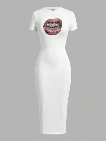 Casual Lip Print Short Sleeve Round Neck Bodycon Midi Dress, Summer