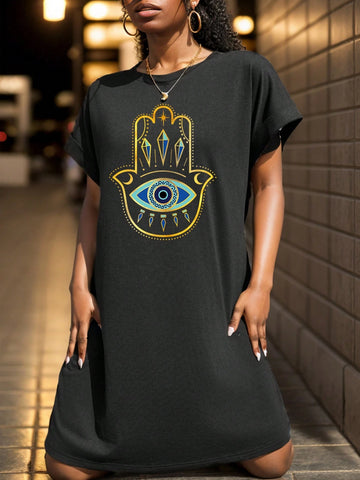 Casual Loose Fit Women's Eye Print Round Neck Short Sleeve Dress Suitable For Summer