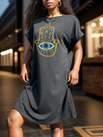 Casual Loose Fit Women's Eye Print Round Neck Short Sleeve Dress Suitable For Summer
