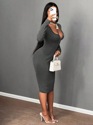 Casual Minimalist Fitted Solid Color Stand Collar Half Zip Midi Dress For Autumn & Winter