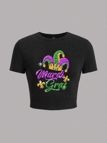 Casual Minimalist Pattern Round Neck Short Sleeve Fitted Cropped Women T-Shirt, Suitable For