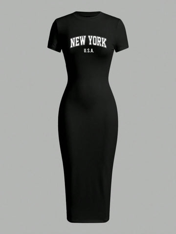 Casual Minimalist Short Sleeve Round Neck Bodycon Midi Dress