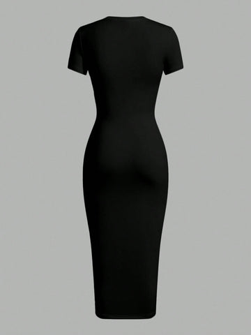 Casual Minimalist Short Sleeve Round Neck Bodycon Midi Dress