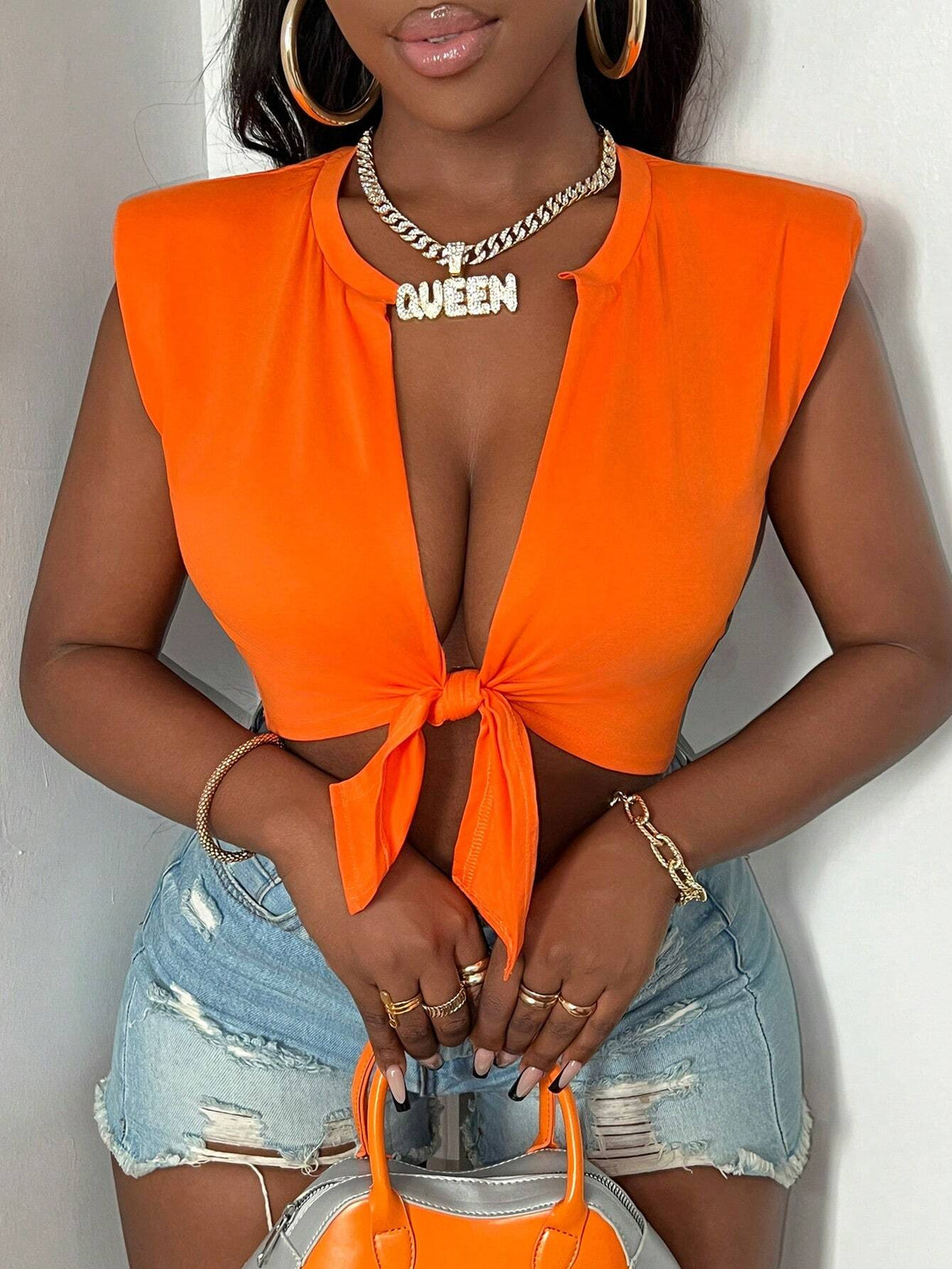 Slayr Casual Round Neck V-Neck Tie Open Placket Truncated Shoulder Pads Orange Knitted Tight Top Women's T-Shirt-E