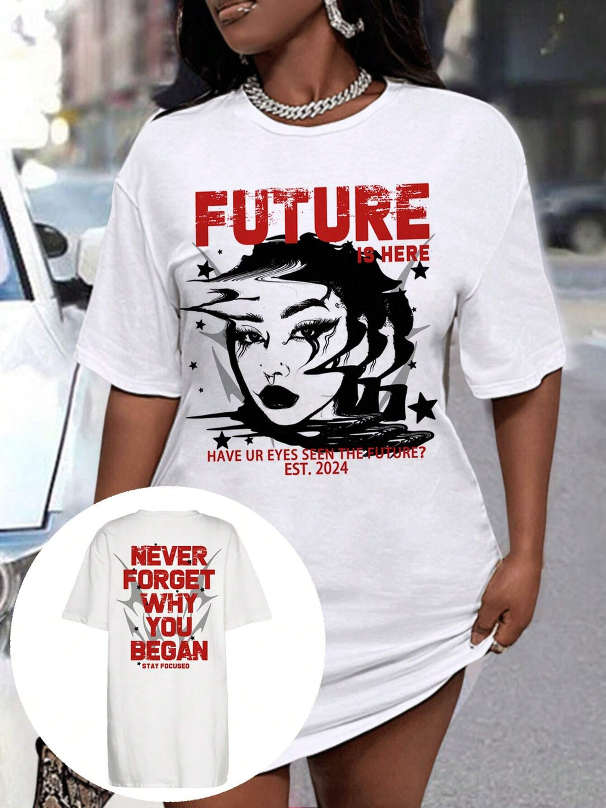 Casual Simple "FUTURE" Cartoon Short Sleeve T-Shirt Dress, Summer