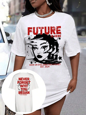 Casual Simple "FUTURE" Cartoon Short Sleeve T-Shirt Dress, Summer