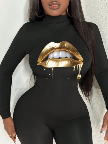 Casual Simple Lip Print Crew Neck Long Sleeve Jumpsuit For Women, Autumn/Spring