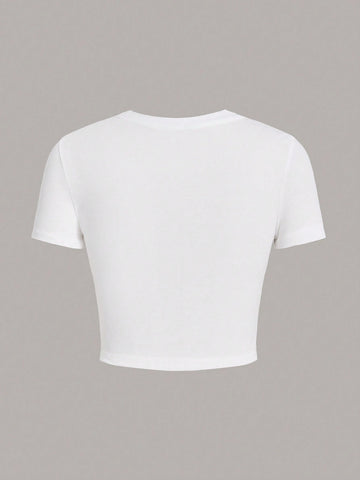 Casual Simple Pattern Round Neck Short Sleeve Cropped Women Tight T-Shirt