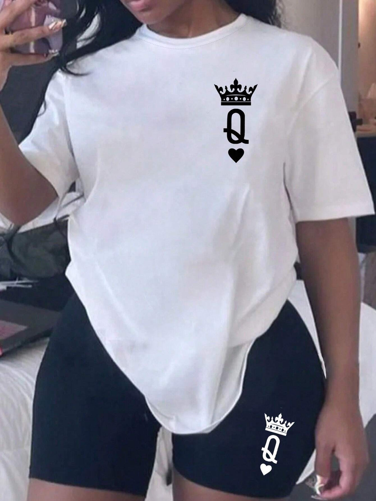 Casual Simple Pattern Round Neck Short Sleeve Loose Fit 2-Piece Set For Women, Suitable For Summer