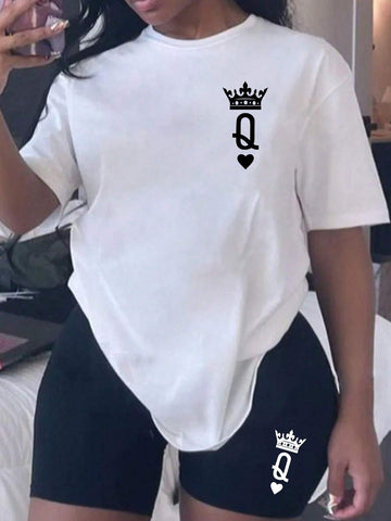 Casual Simple Pattern Round Neck Short Sleeve Loose Fit 2-Piece Set For Women, Suitable For Summer