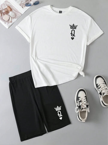 Casual Simple Pattern Round Neck Short Sleeve Loose Fit 2-Piece Set For Women, Suitable For Summer