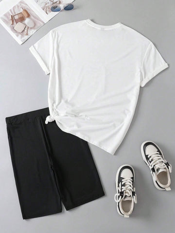 Casual Simple Pattern Round Neck Short Sleeve Loose Fit 2-Piece Set For Women, Suitable For Summer