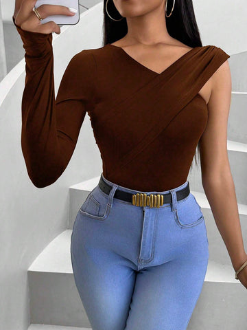 Casual Slim Fit T-Shirt With Asymmetric Collar For Spring