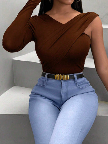 Casual Slim Fit T-Shirt With Asymmetric Collar For Spring