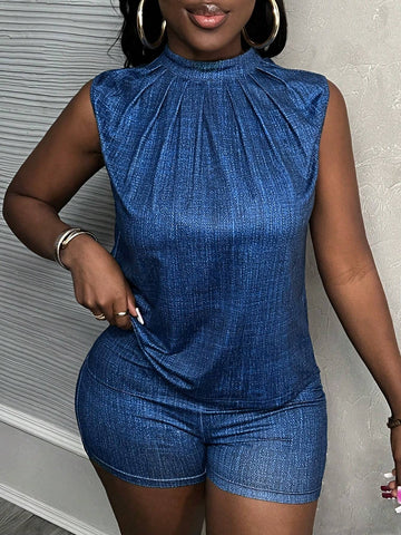 Casual Small Stand-Up Collar Sleeveless Fitted Top, Tight Shorts, Imitation Denim Fabric, All-Over Printing, Navy Blue Women's Two-Piece Set-C