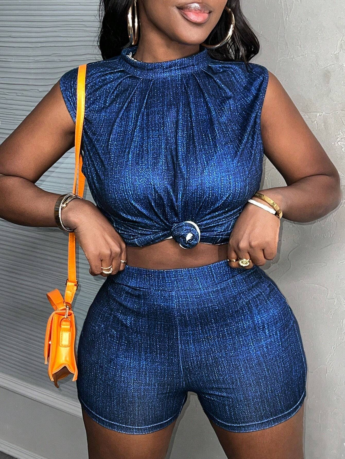 Casual Small Stand-Up Collar Sleeveless Fitted Top, Tight Shorts, Imitation Denim Fabric, All-Over Printing, Navy Blue Women's Two-Piece Set-C