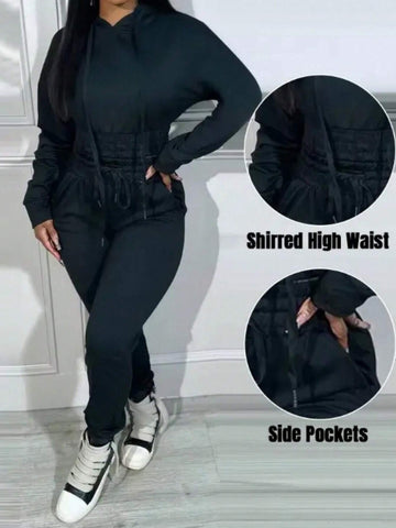Casual Solid Color Drawstring Hoodie And Sweatpants Set