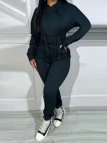 Casual Solid Color Drawstring Hoodie And Sweatpants Set