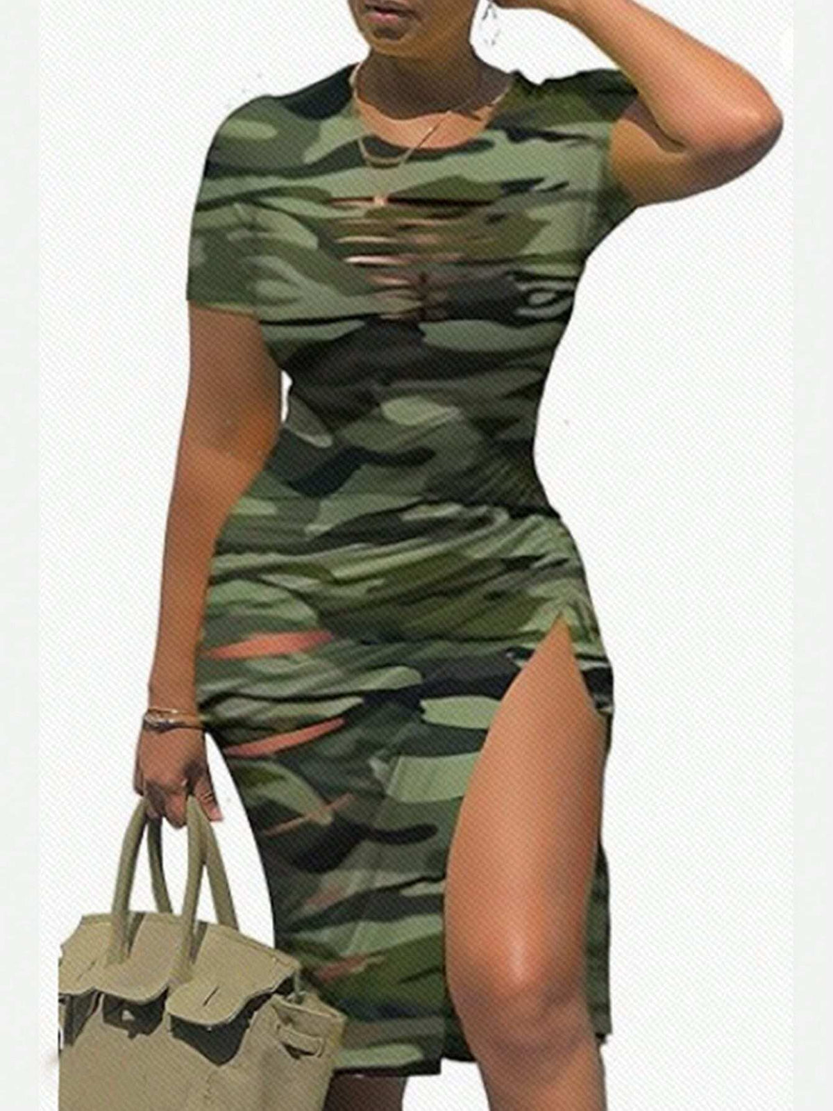 Casual Street-Style Camouflage Green High Slit Round Neck Short Sleeve Drawstring Crop Top & Skirt Set
