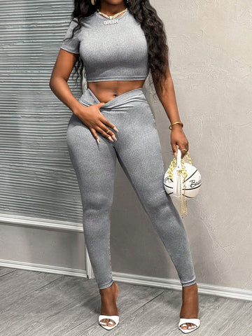 Casual Street Style Basic Short Sleeve Cropped Top And Long Pants Women Two-Piece Set-C