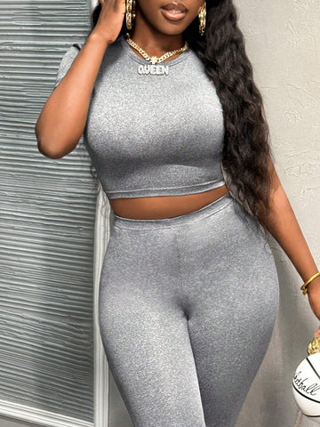 Casual Street Style Basic Short Sleeve Cropped Top And Long Pants Women Two-Piece Set-C