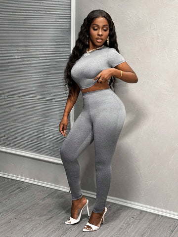 Casual Street Style Basic Short Sleeve Cropped Top And Long Pants Women Two-Piece Set-C